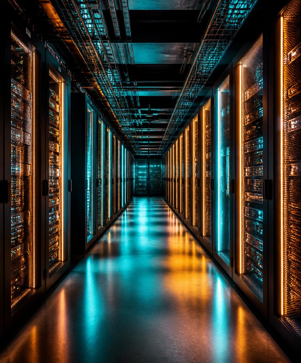 Interiér moderního datového centra se serverovými racky